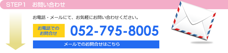 STEP1：お問い合わせ　052-795-8005までお気軽にご連絡下さい。